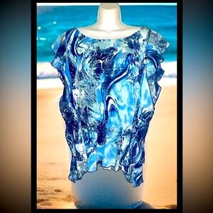 💎JAIPUR💎 VTG OCEANIC SWIRL PRINT FUTTER CAP SLEEVE ELASTIC WAIST LOOSE FIT TOP